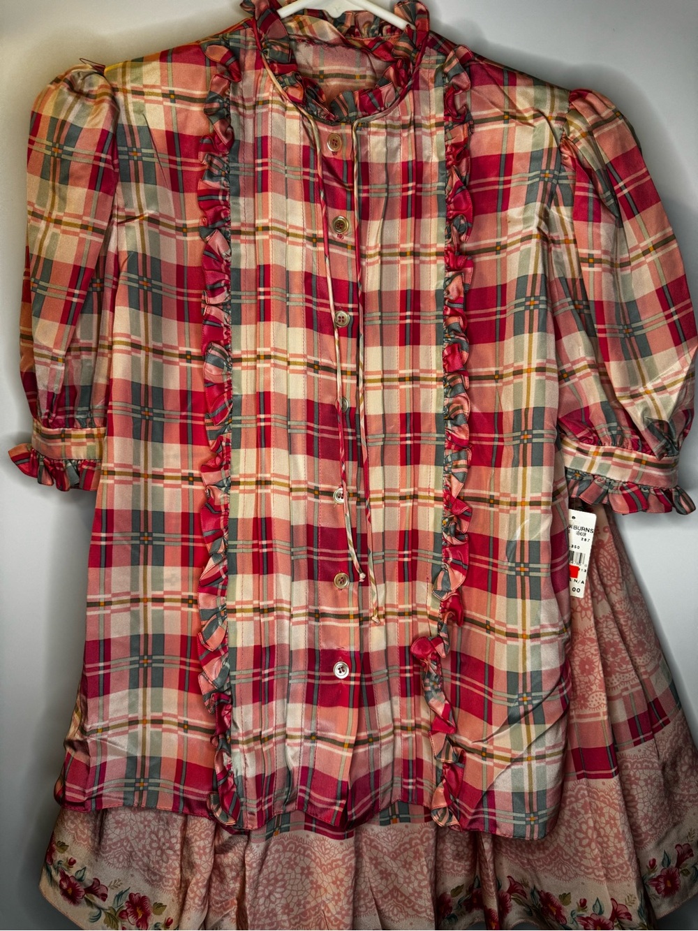 Pink Vintage Plaid and Floral Ruffle Button-Up Top and Skirt Matching Set